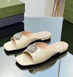 Summer Luxury Brand Women Crystal-set Double-G Slide Flats Women Sandals Shoes Patent Leather Footwear Sparkling Hardware Lady Everyday Comfort Walking EU35-42
