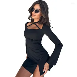 Casual Dresses Black Cross Halter Square Neck Slit Mini Long Sleeve Women Dress 2024 Arrivals Fall Winter