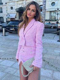 Shorts Sets Womens Outfits Elegant Houndstooth Tweed Set Cropped Blazer And High Waist Skort False Bejeweled Button 2 Piece Suit 240109