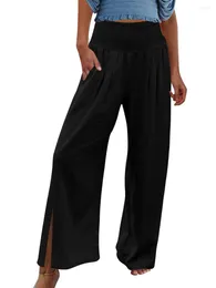 Women's Pants Women Wide-Leg Solid Colour Elastic High Waist Slit Loose Trousers Summer Casual Sweatpants Straight Bottoms