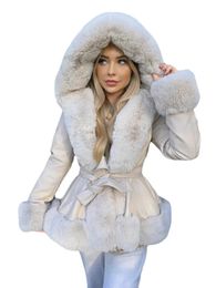 EE1492 PU Leather Short Jackets Women Fashion Tie Belt Waist Coats Elegant Faux Fur Hooded Female Lined Ladies 240108