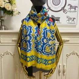 Scarves Women's long scarf scarves shawl 100%silk material yellow print letter flowers patten size 190cm 110cm