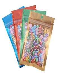 New 100pcs Many Size Tear Notch Flat Pouches Orange Blue Green Gold Mylar Foil Zip Lock Stock Bag with Hang Hole9016621