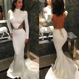 Dresses White Evening Dresses Ivory Prom Party Gown Girls Pageant Mermaid Trumpet High Neck Long Sleeve Backless Custom New Sexy Plus Size