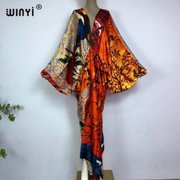 Sexy bech high-quality hand-rolled feel silk rayon fashion print WINYI Maxi women's robes long beach V-neck Bohemian dress 240108