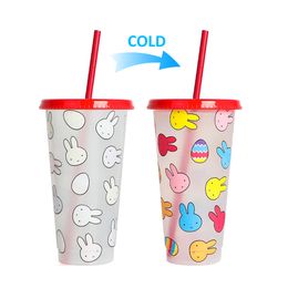 Reusable Easter Bunny Tumbler Colour Changing Cold Cups Bunny Cup Plastic Tumbler With Straw And Lid Plastic Cup 24OZ Summer Colle Party Favour