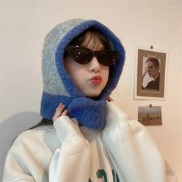 Berets Winter Windproof Warm Knit Caps Korean Style Balaclava Hats Women Scarf Hat Neck Set Female Fashion Colour Matching Skullies
