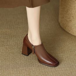 Retro Women Shoe Spring Autumn Square Head Thick High Heels Fashion Ankle Boot Brown Allmatch Leather Shoe 240109