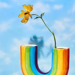 Planters Pots Nordic Rainbow U Shape Vase Aesthetic Flower Vase Modern Dried Flowers Resin Flowerpot Cachepot For Flowers Office Home Decor YQ240109