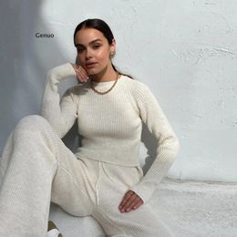 Women Set Sweater Top Long Sleeve And Biker Pants Autumn Winter White Casual Two Piece Warm Outfits Knitted 240109