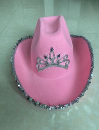 Pink Tiara Cowgirl Hat for Women Girls Wide Brim Fedora Cowboy Cap Western Style Holiday Cosplay Party Hats8703458