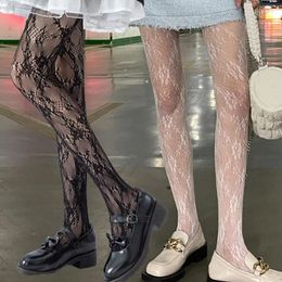 Women Socks Y2K Lace Flower Bottomed Stockings Gothic Black White Mesh Hollowed Pantyhose Female Sexy Floral Rattan Fishnet Tights Hosiery