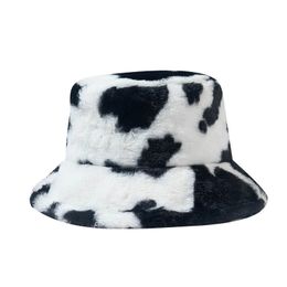 Women Winter Thick Warm Cow Pattern Polyester Imitation Rabbit Fur Knit Bucket Cap Travel Fishing Fisherman Flat Top Hat R98 240108