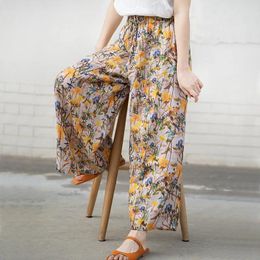 Women's Pants 2024 Spring Summer Clothing Thin Floral Pendant Wide Leg Retro Print Loose Casual Oversized Cropped Women