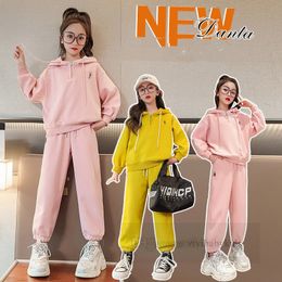 2024 Spring old kids embroidery sports clothes sets big girls hooded long sleeve sweatshirt loose pants 2pcs fashion teenagers casual outfits Z6611