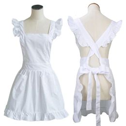 Womens Girls Ruffles Outline Retro White Apron Adjustable Victorian Bib Maid Cosplay Kitchen Cake Baking Cooking Cleaning 240108