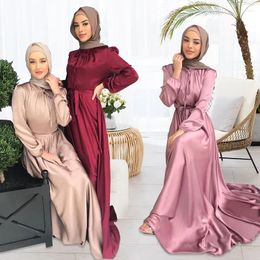 Ethnic Clothing Casual Dubai Abayas Kimono Muslim Elegant Satin Dress For Women Solid Robe Female Islam Clothes With Belt Vestido Longo