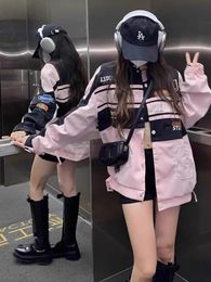 American Fashion Label Detachable Motorcycle Jacket Womens Clothing Retro Hiphop Loose Couple Baseball Outfit Pink Casual Coat 240108