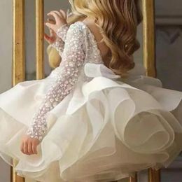 Dresses Arabic Flower Girl Dresses white beaded Velvet Ball Gown With Golden Applique Organza Kids Formal Wear With Ribbon Back Christmas