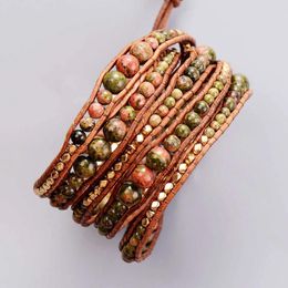 Bracelets New Graduated Natural Stones Beads 5 Strands Weave Leather Wrap Bracelet Multi Layered Vintage Bracelets