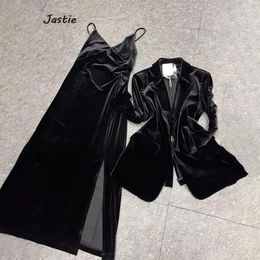 Work Dresses Large Size Velvet Slip Dress Blazer Oufits V Neck Sleeveless Slit Vestidos Women Two Piece Set Spring Fashion Chic Coat Suit