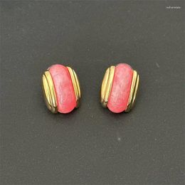 Stud Earrings Euro-american Style Pink Resin Temperament Medieval Oval Lady Commuter Everything With Instagram Daily Sweetheart Gold-plated