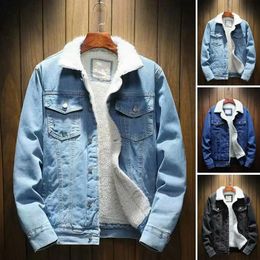 Men Jean Jacket Thicken Lamb Cashmere Lining Solid Color Coldproof Outerwear Winter Single Breasted Denim Coat Streetwear 240108