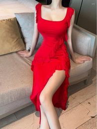 Casual Dresses WOMENGAGA Sexy Spicy Girl Nightclub High Split Ruffle Dress Elegant Red Long Slim Fashion Robe Womne Tops N93U