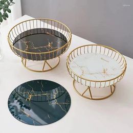 Plates Iron Art Nordic Style Light Luxury Marble Pattern Fruit Bowl For Kitchen Counter Pedestal Table