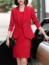 Yitimuceng Red 2 Piece Sets Office Wear Women Fashion Single Button Slim Turn Down Collar Blazers Elegant Mini Dress Suits 240108