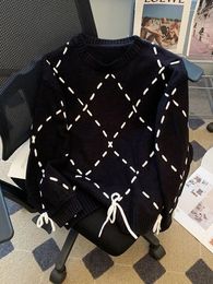 Full Sleeves Jumpers Cosy Women Fashion Casual Chic O-Neck Sweaters Drawstring Diamond Cheque Pullovers Y2K Streetwear 240104