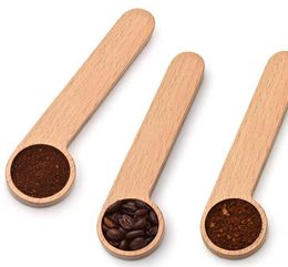Spoon Wood Coffee Scoop With Bag Clip Tablespoon Solid Beech Wooden Measuring Scoops Tea Bean Spoons Clips Gift7274077