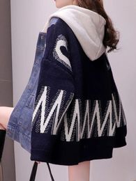 Denim Spliced Hooded Sweater Cardigan Jackets Korean Women Autumn spring 2023 Loose Long Sleeve Contrast Knitting Coat 240108
