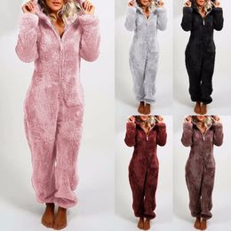 5 Colours Womens Fashion Long Sleeve Hooded Faux Fur Jumpsuit Pyjamas Casual Winter Warm Solid Colour Cute Bear Rompers Homewear 240108