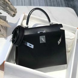 A Kaily 2023 New Shiny Box Calf Leather Black High end Hand Sewn Honey Wax Thread Order Women's Bag