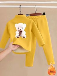 Velveteen Warm Underwear Children Suit Winter Boys/Girls Bear Print Long Sleeve Tops Conjunto Kids Leggings Pants 2 Piece Sets 240108