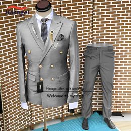 Formal Suit for Men Wedding Tuxedo Doublebreasted Jacket and Pants 2piece Set Business Blazer Gold Buttons Groom 240108