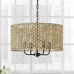 Chandeliers Drum For Dining Room 4-Light Bohemian Hand-Woven Farmhouse Pendant Chandelier Light Fixture