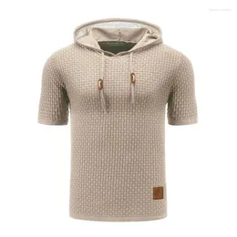 Men's Sweaters Knitted Sweater Short Sleeved Breathable Hooded Solid Colour Waffle T-shirt Top