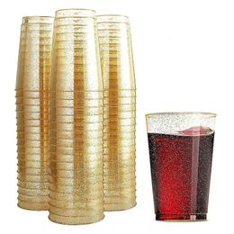 50Pcs 10OZ Gold Plastic Cups Disposable Glitter Clear Party Tumblers Wedding 240108