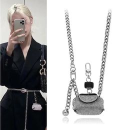 Internet Celebrities Silver Female Metal Chain Belt Diagonal Span Mini Full Diamonds Waist Bag Accessories Ins Thin Strap 240109