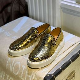 Gold Sequins Loafers for Men 2023 Fashion Handmade Thick Heel Comfort Lazy Flats Casual Shoes
