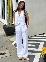 Women's Pants Summer White Linen Two Piece Set For Women 2024 Fashion Sleeveless Tank Top Female In Matching High Waist Wide