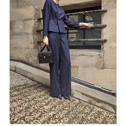 Work Dresses Spring Round Neck Wool Solid Color Slim Fitting Long Sleeved Top Blue Gray With Wide Leg Pants Cover For Women