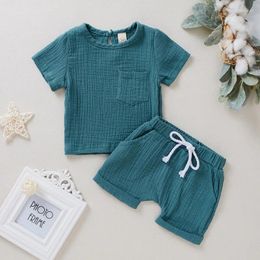 Clothing Sets Unisex Baby Solid Colour Cotton Linen Short Sleeve Round Neck T-shirt With Elasctic Shorts 2Pcs Casual Tracksuits Suit