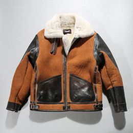 brown AVIREXFLY genuine leather jackets with lamb fur lining suede leather pocket lapel neck keep warm