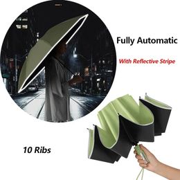 Automatic Folding Strong Umbrella for Men Women Windproof 10Ribs Reverse Wind Resistant Trip Inverted Rain 240109