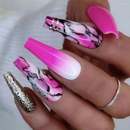 False Nails 24pcs Long Ballerina Fake French Gradient Marble Full Cover Nail Tips Press On Waterproof Fingernails