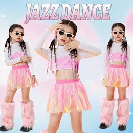 Stage Wear 2024 Jazz Dance Costumes For Kids Sequin Vest Pink Skirts Suit Girls Ballroom Hip Hop Performance Clothing DQS15308