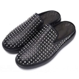 Genuine Leather Men Loafers Thick Heel Cover Toe Rivets Driving Boats Lazy Flats Shoes